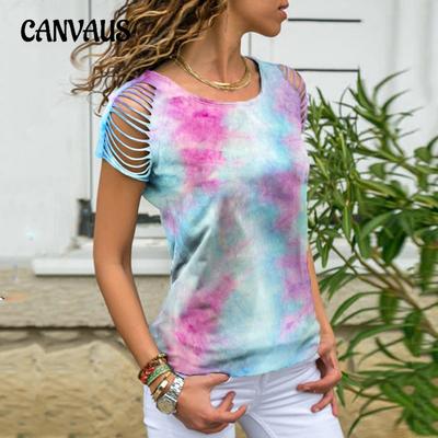 Летняя женская футболка с коротким рукавом и принтом тай-дай с принтом дырок и выжженных цветов