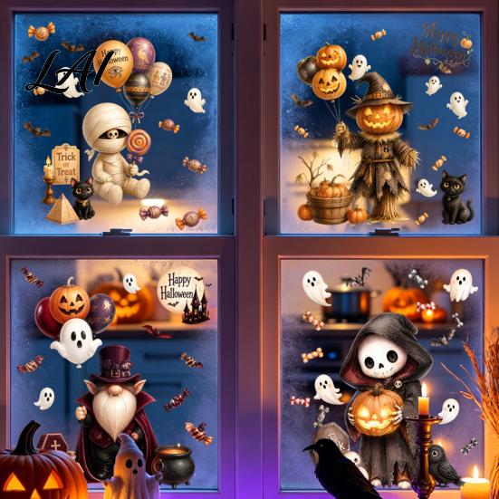 Waterproof Pumpkin Ghost Murals 4Pcs Halloween Cartoon Window Clings Scarecrow Stickers Home Beautification Supplies Removable Decals for Storefront