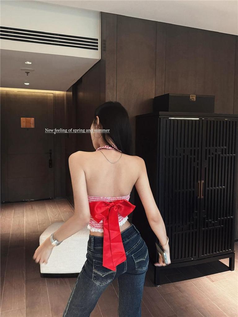 Чистый и Сексуальный Красный Клетчатый Кружевной Топ-Холтер - Женская Летняя Майка