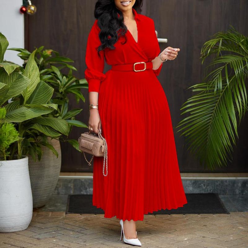 Women Elegant Solid Color Dress Tunic Dress Midi Dress with Belt Sexy V Neck Shirt Dress Plus Size