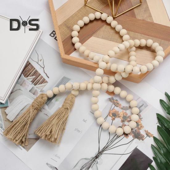Wood Bead Garland Farmhouse Wall Hanging Decoration DIY Rustic Tassel Boho Bead String Ornament for Plant Pots Candle Holders