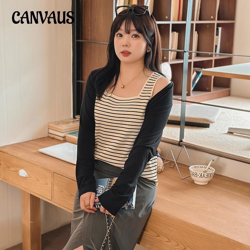 Plus Size Women's Square Neck Knit Sweater Women's Tops Spring and Summer Striped Bottoming Inner Camisole Tank Tops