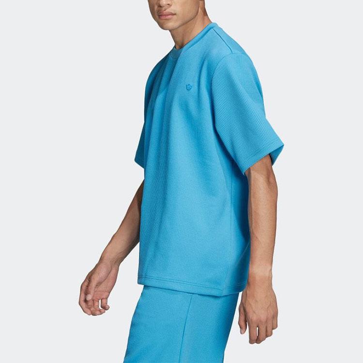 Adidas Originals Solid Logo Pleated Breathable Crew Neck Short Sleeve T-Shirt Men Tops Blue HC4608