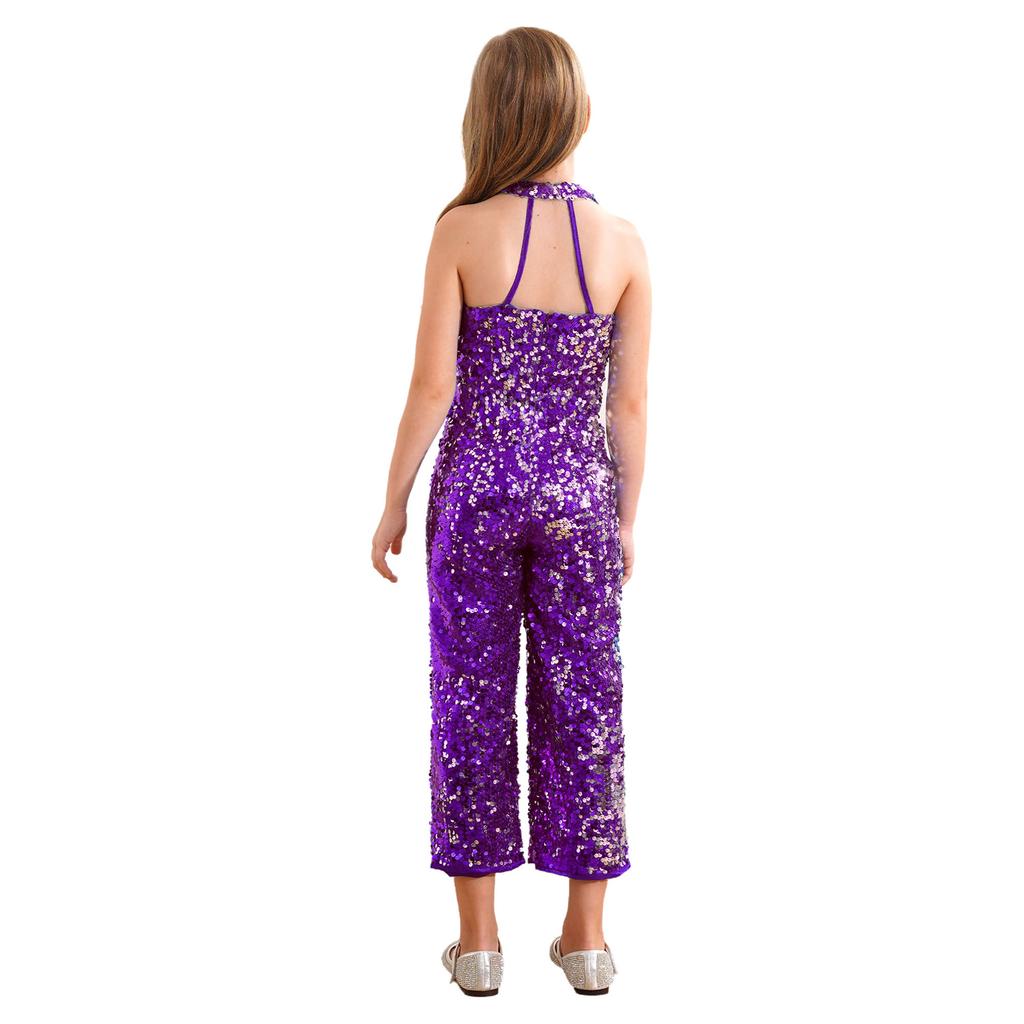 Girls Shiny Sequin Romper Halter Neck Wide Leg Pants One Piece Jumpsuit Sleeveless Party Dancing Outfit