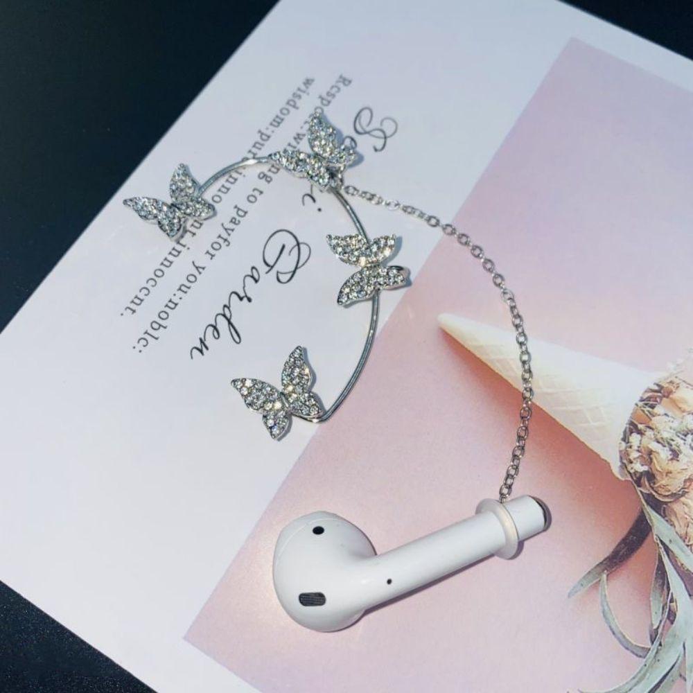 1 pair Snowflake Rhinestone Butterfly Earhook Protection Chain Holder Clips Anti-lost Earphone Chain Ear Decoration Versatile