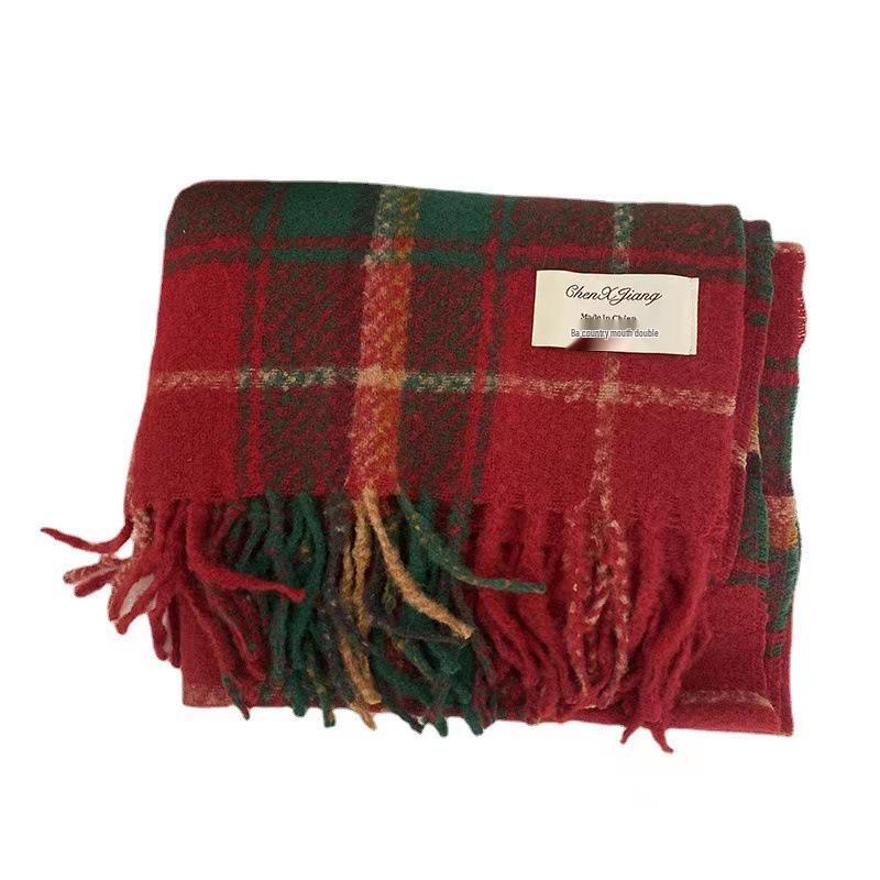 Красный клетчатый шарф в корейском стиле - Женский праздничный, теплый, универсальный зимний снуд