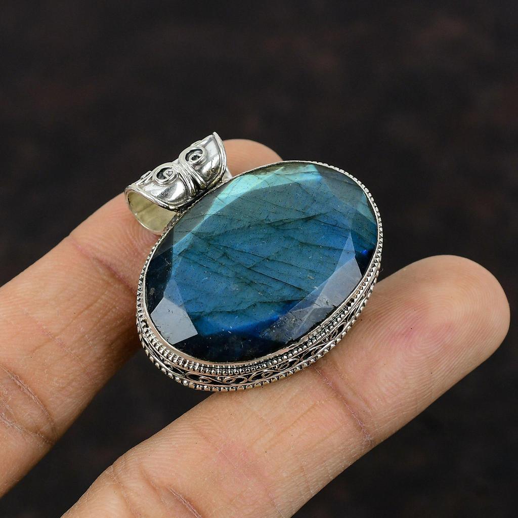 Ограненный лабрадоритовый кулон Ювелирные изделия ручной работы Подвеска из стерлингового серебра 925 пробы Замечательные винтажные украшения Подвеска из натурального драгоценного камня Подарок для мамы