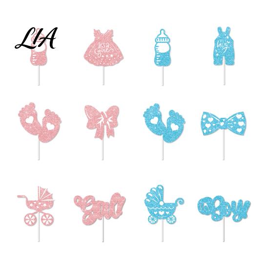 Glittering Theme Party Supplies 12Pcs Boy Girl Birthday Cake Toppers, Baby Themed Cupcake Picks with Shower Dessert Decorations Bottle, Stroller, Bow,