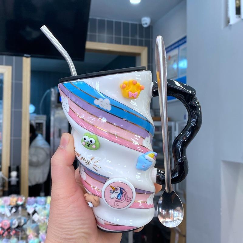 Милая керамическая кружка с радужным единорогом, с крышкой и ложкой, чашка для питья воды с сердечком для девочки, офисная кофейная чашка