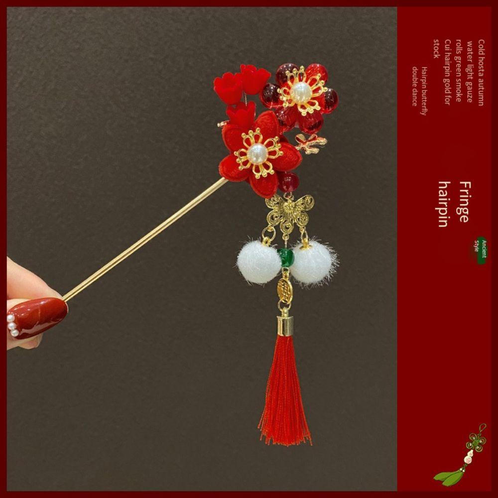 Classic Pendant Hair Stick Red Flower Hanfu Hairpin Beauty Chinese Headwear Girls