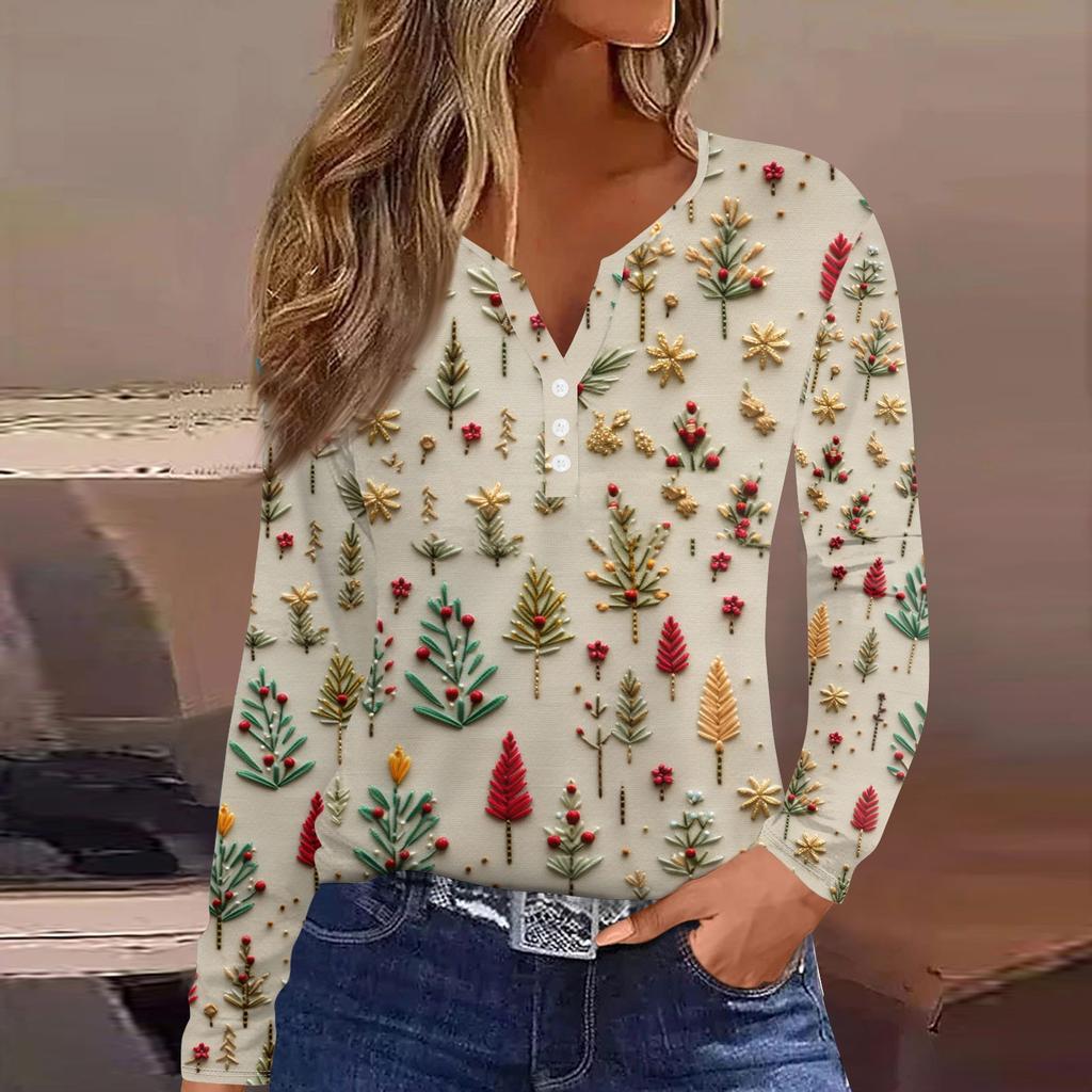 Женская модная повседневная футболка с длинным рукавом и V-образным вырезом на рождественском принте на пуговицах