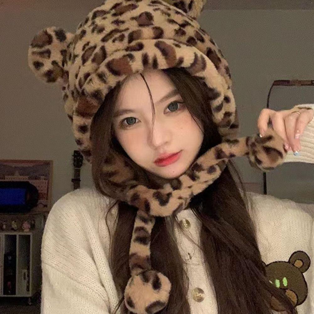 Korean Style Plush Bear Hat Leopard Print Ear Protection Hat Warm Cartoon Fleece Hat  Girls