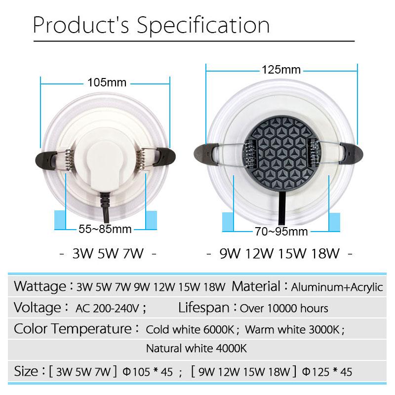 Светодиодный потолочный светильник 15 Вт, 12 Вт, 9 Вт, 7 Вт, световод, потолочные встраиваемые лампы, 5 Вт, 3 Вт, акриловая панель круглой формы, высокая яркость в помещении