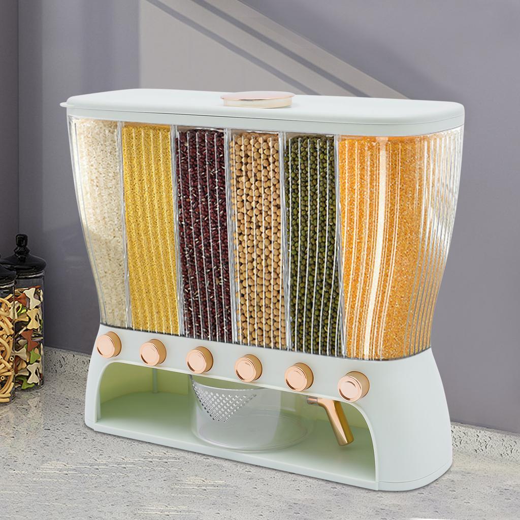 6-Grid Rice Storage Bin, Light Green Multigrain Container - 10kg Capacity, ABS Material - Dry Food Dispenser & Grain Organizer