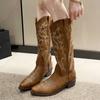 Fashion Embroidered Western Cowboy Boots for Women 2024 Autumn Pointed Toe Knee High Boots Woman Chunky Heels Slip-On Thigh High Booties