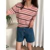 Shop   Women Round Neck STriped 100  CoTTon ShorT Sleeve KniT T shirT Blue 21dsw