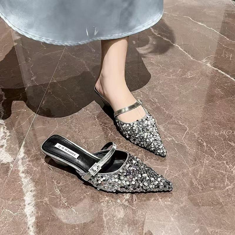 Sequins Black Slides with Heel Shoes Pointed Toe Women's Mules Slippers and Ladies Sandals Unique Korea Style Easy Wears Shoe 39