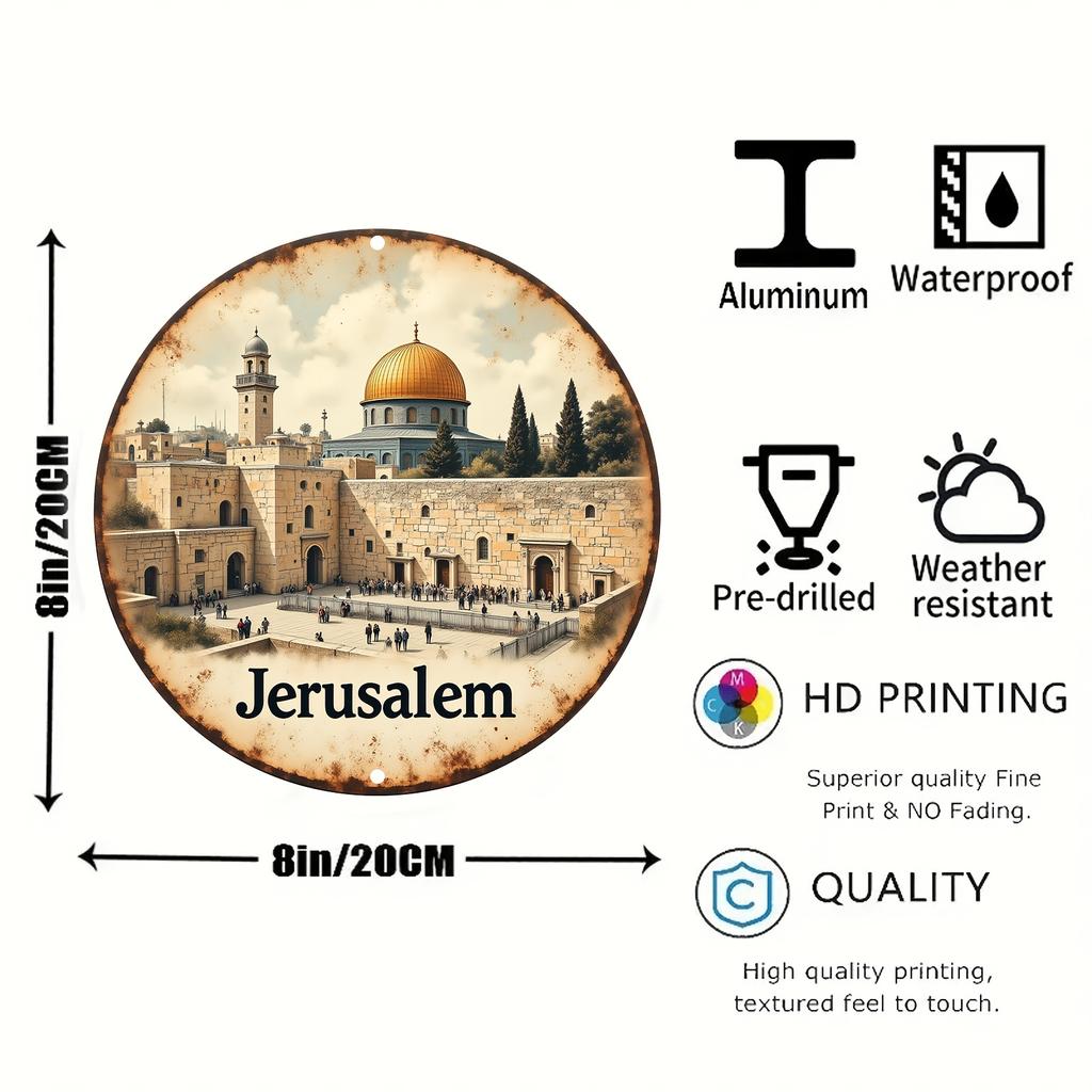 Vintage Jerusalem Dome of the Rock Western Wall Round Metal Tin Sign Holy Land Travel Themed Wall Decor for Home Study Rel