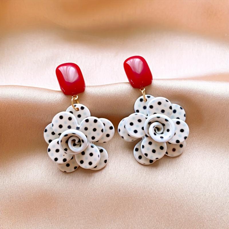 Elegant Vintage-Inspired Polka Dot Flower Dangle Earrings - Acrylic & Stainless Steel, Perfect for Daily Wear & Parties, Classic Style, All-Season Acc
