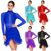 Women Feathered Dance Dress Shiny Rhinestones Mock Neck Long Sheer Mesh Sleeve Cutout Back Skirted Leotard