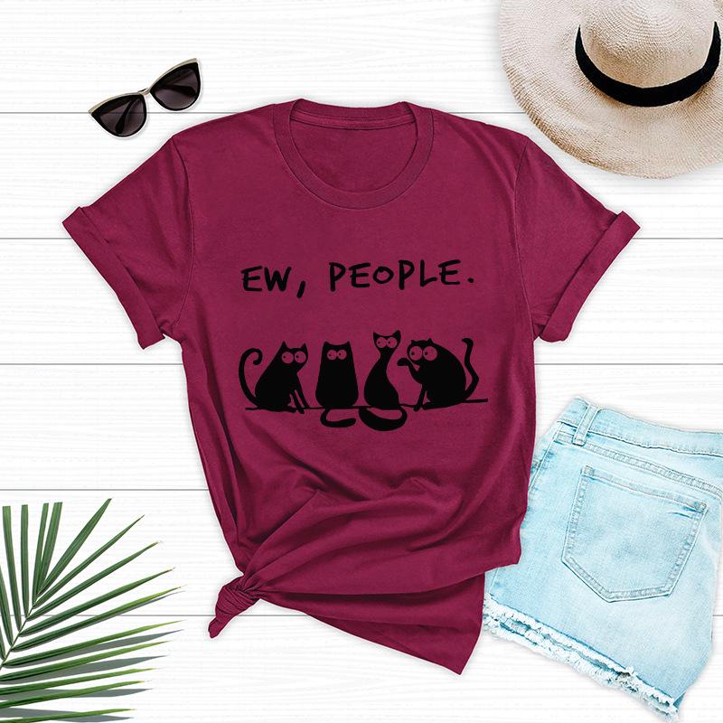Mew People Cotton T-Shirt Short Sleeve Round Neck Women 2d Print Tops