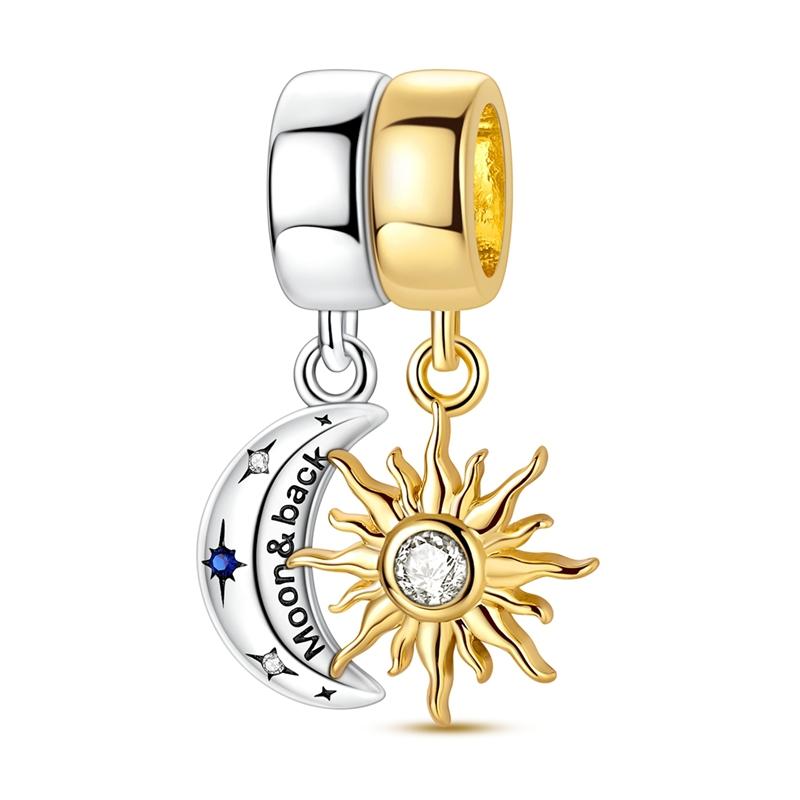 Original 925 Sterling Silver Charms Bead Gold Sun Moon Couple Pendant Fit Original Bracelet Necklace For Women DIY Jewelry Gift