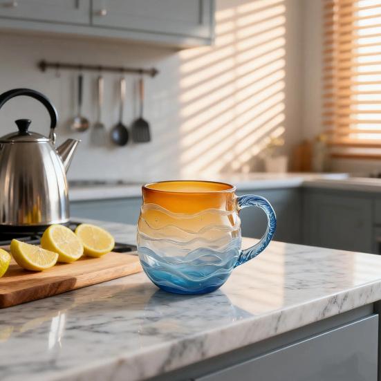 Yousheng Sea Glass Sunset Mug Thickened Glass with Wave Texture Gradient Color Water Cup Non-Slip Handle Glassware for Coffee Juice Iced Drinks