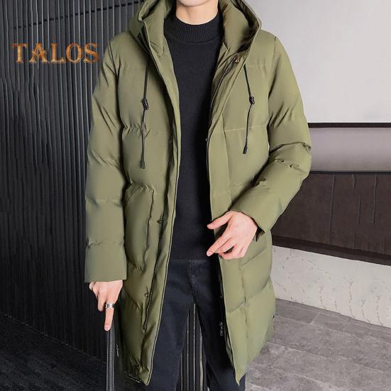 Men Cotton Coat Hooded Drawstring Long Sleeve Full Zipper Closure Cotton Jacket with Side Pockets Solid Color Mid-length Winter Outwear