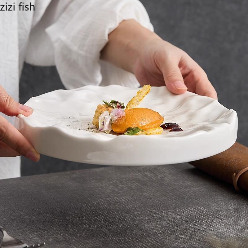 Керамическая тарелка с каменным узором, двухслойная тарелка чистого белого цвета, тарелка для десерта, торта, суши, специальная посуда для ресторана