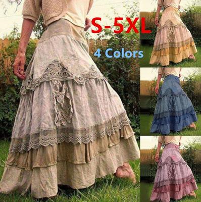 Женская кружевная вышивка с высокой талией в стиле ретро с большими складками в стиле бохо, длинная юбка с кружевной вышивкой, большая юбка-торт
