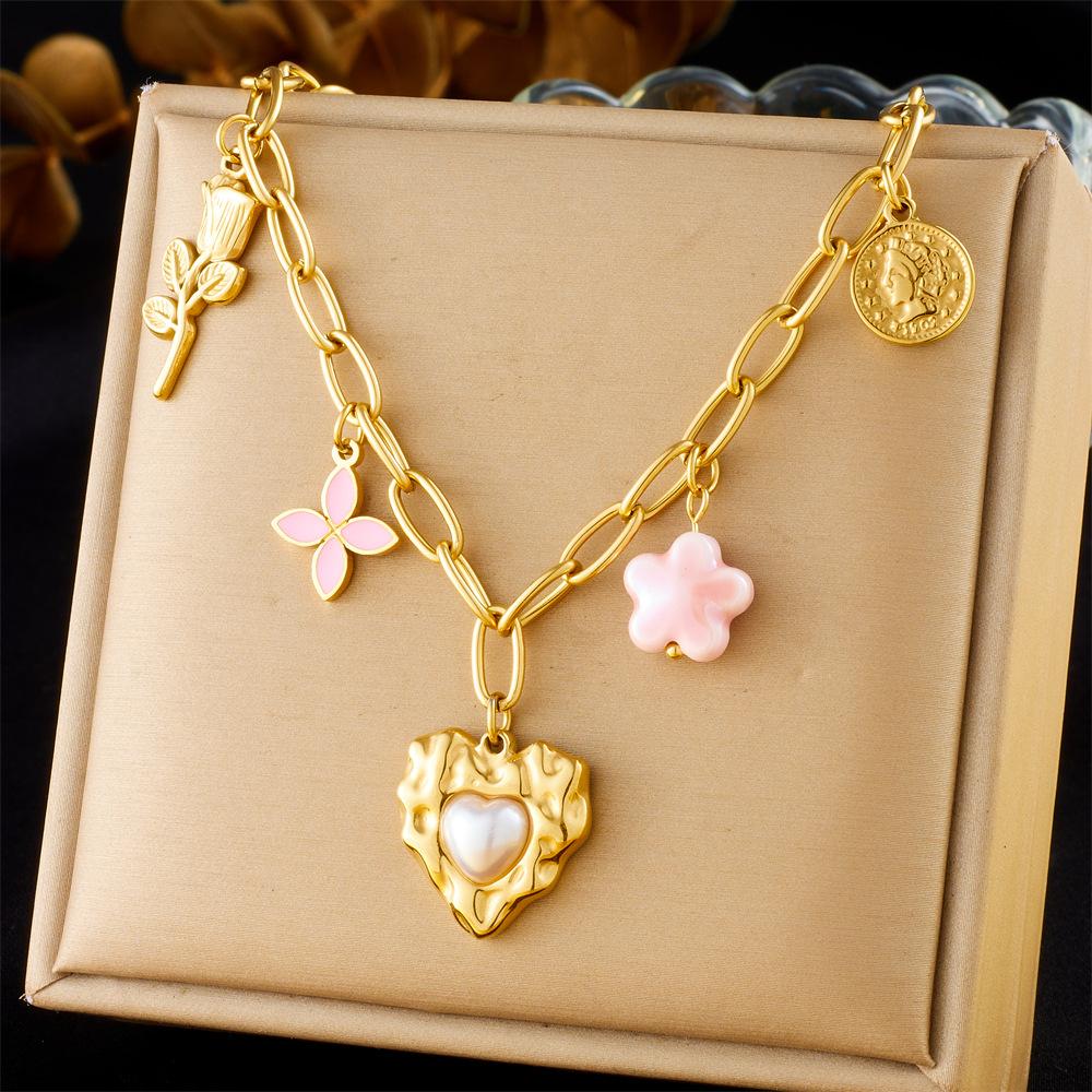 Vintage Love Heart Pearl Choker Necklace Pink Floral Gem Round Pendant Layered Sweater Chain Fashion Jewelry