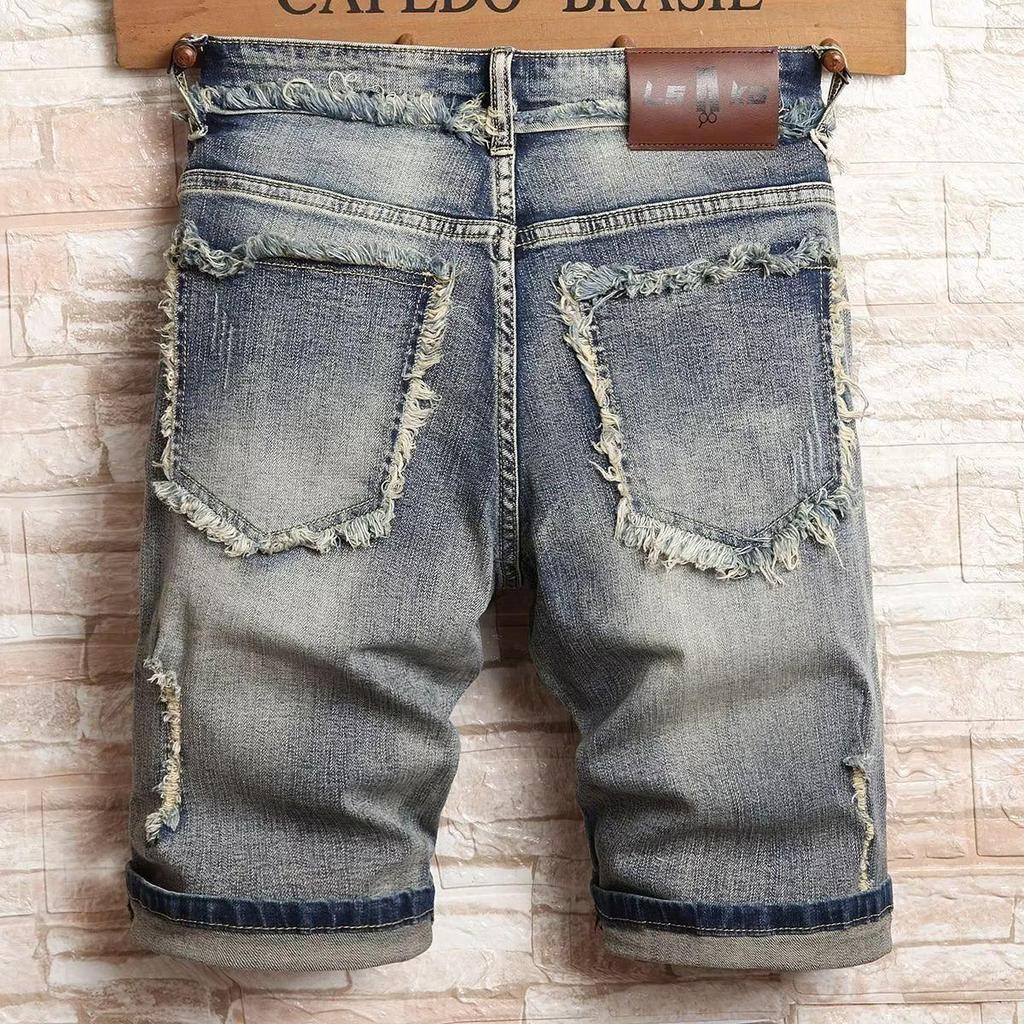 Men's Trendy Mid-Length Slim Fit Ripped Patch Denim Shorts