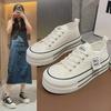 Женские кроссовки из парусины на толстой подошве весна/лето 2024 г. — визуально увеличивающие рост, со шнуровкой, низкие, модный белый цвет в корейском стиле