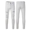 White Jeans High Street Broken Holes with Diamonds Jeans Men's Elastic Slim Jeans