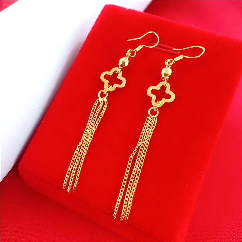 Vietnam Sand Gold Copper-Plated Gold Ear Wire Four-Leaf Clover Earrings Earrings Tassel Ear Hooks Long Wedding Jewelry