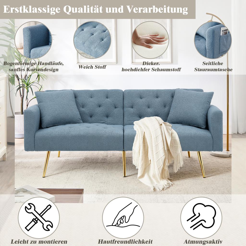 Teddy Fleece Boucle Two-Seater Sofa, 3-Level Adjustable Backrest, 2 Cushions, Metal Legs, Soft Comfortable for Living Room, Rental Apartment, Blue