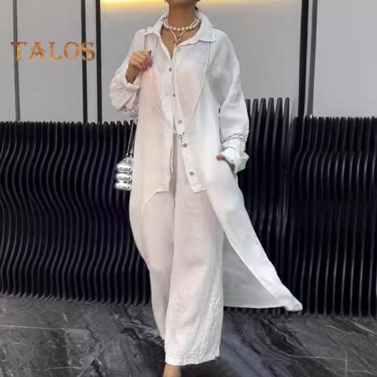 2 Pcs/Set Fall Spring Women Shirt Pants Set Long Sleeves Lapel Lace Cuff Button-down Irregular Hem Blouse Elastic Waist Trousers OL Commuting Sport