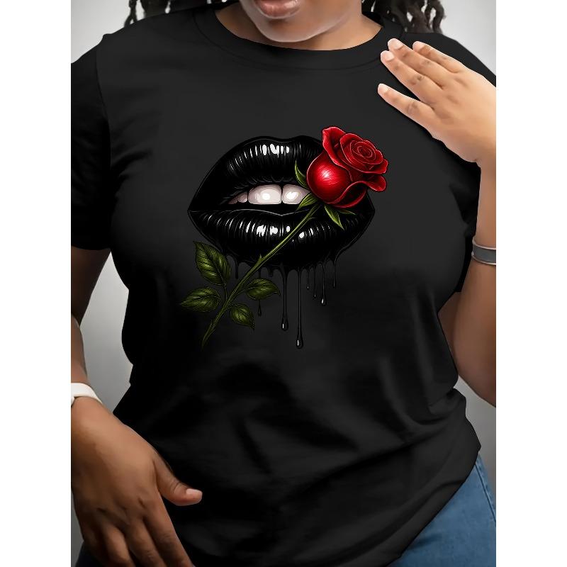 Retro Women'S Short-Sleeve Black Elegant Lip Print and Rose Pattern, Stylish Printed T-Shirt, Comfortable and Breathable, Crew Neck,Everyday Versatile