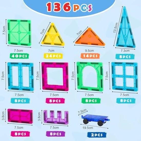 Gemmicc 136PCS Magnetic Tiles Building Blocks Kids STEM Certified Educational Toy Puzzle Boys Girls Includes 2 Cars