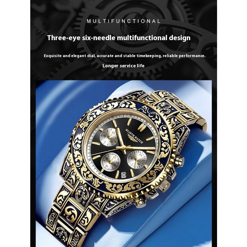 Многофункциональные мужские часы от ведущего бренда, ретро, светящиеся, резные, кварцевые, с календарем