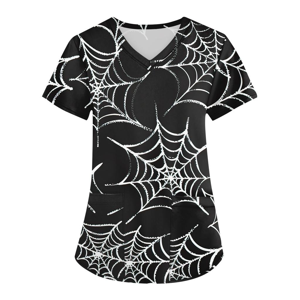 Женская мода V-образным вырезом с короткими рукавами и карманами Топы с принтом на Хэллоуин