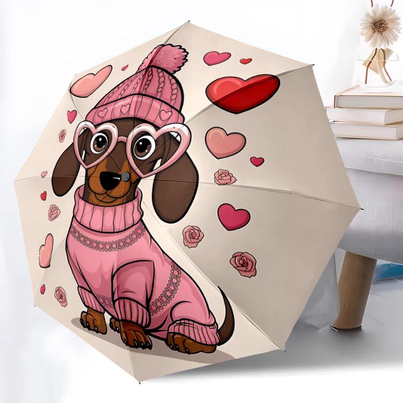 1pc Dachshund Hearts Automatic Folding Umbrella - Compact 8-Rib Design, Durable Plastic & Iron, Lightweight for Outdoor Daily Use096