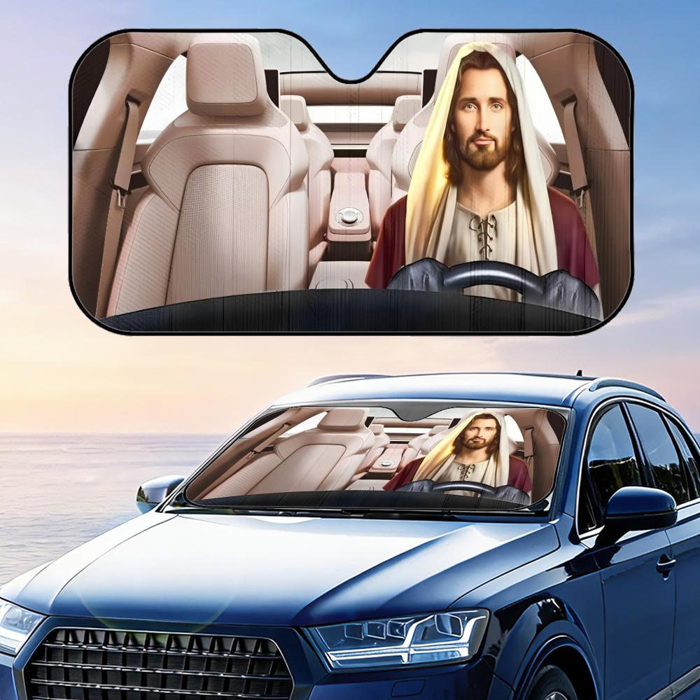 Funny DRIVING j-JESUS Sun Visor Reusable Aluminum Foil Windshield UV Protection Heat Insulation Cover Sun Visor Sunshade