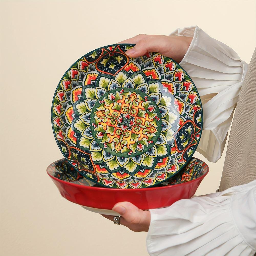 Round Bohemian Ceramic Plate Colorful Meal Dish Tableware Dinner Plate Housewarming Gift