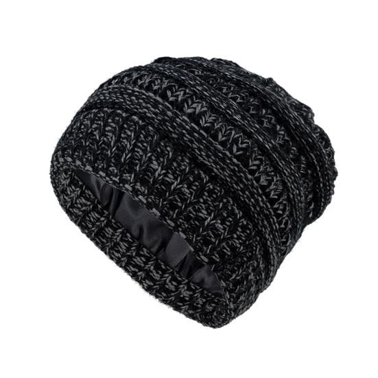 Yousheng Women Knitting Hat Solid Color Ear Protection Thickened Warm Satin Lining Pile Hat Winter Outdoor Riding Headgear