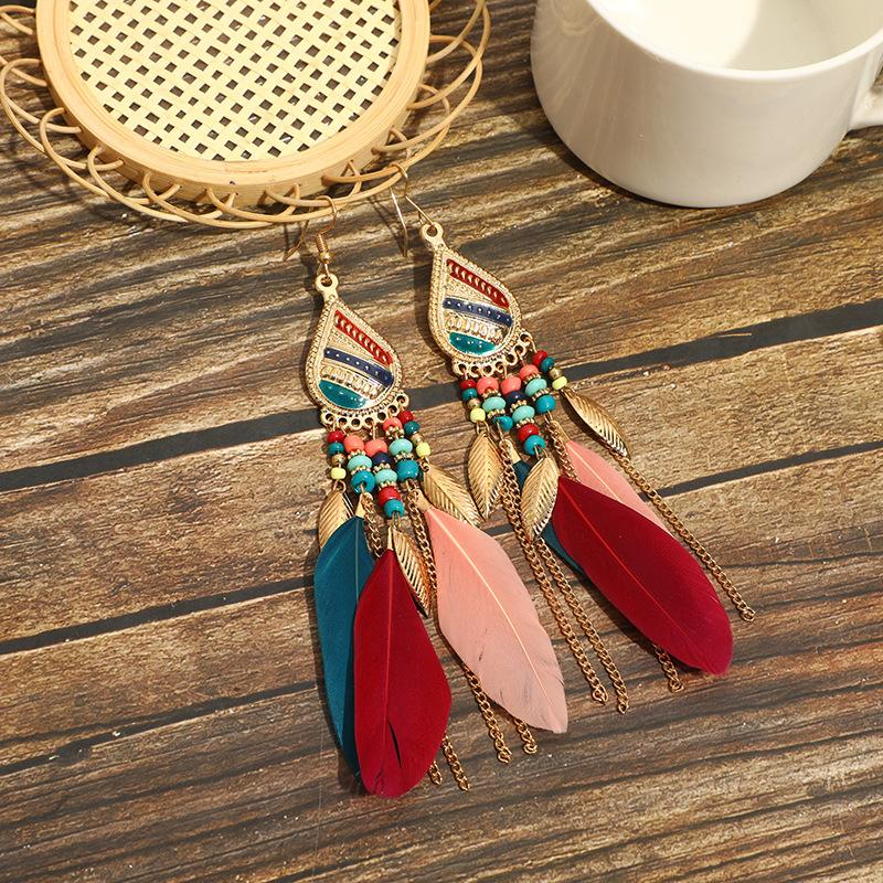 High-Value Feather Earrings Bohemian Long Tassel Photo Women'S Ear Hooks Personalized Earrings