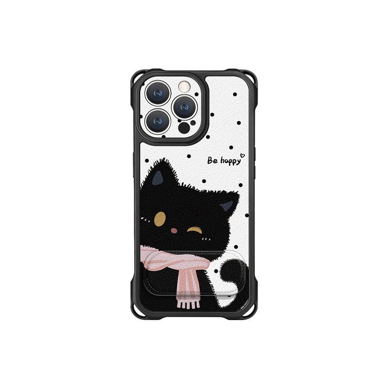 Черный кот в горошек подходит для чехла для мобильного телефона Apple 17promax iphone15 четырехсторонний ремешок 16 зеркальный держатель 14 снаружи