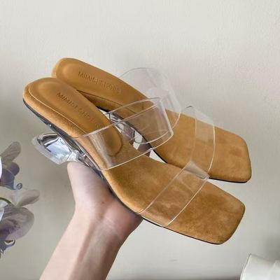 Корейская версия хрустальный каблук фигурный каблук маленький наклонный каблук средний каблук квадратный носок открытый носок тонкие белые крутые шлепанцы модная обувь женская