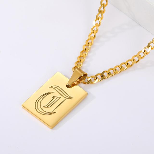 Gothic A -Z Initial Letter Statement Necklace For Women Men Stianless Steel Square Letter Rectangle Medallion Choker Jewelry