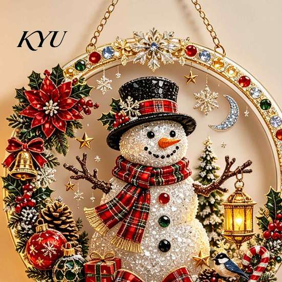 Festive Fireplace Wall Decorations Xmas Snowman Hanging Ornament, Round Acrylic Santa Reindeer Christmas Gift Ideas Door Sign for Window Decor
